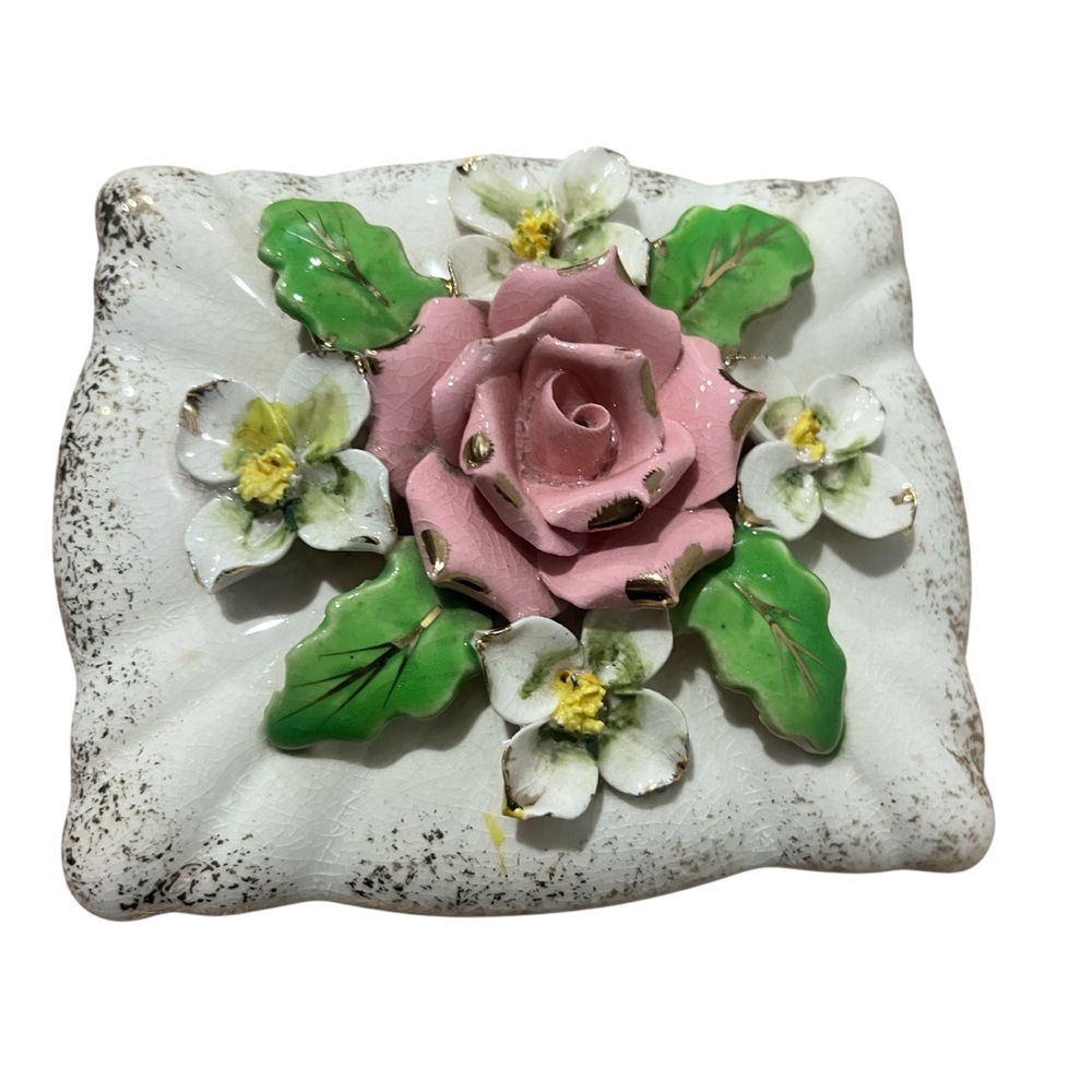 Vintage Ceramic Box Occupied Japan Pink with Rose Flowers 3.5” Inch X 4” Inch